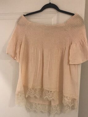 Smocked Off-Shoulder Lace-Hem Blouse in Pale Peach